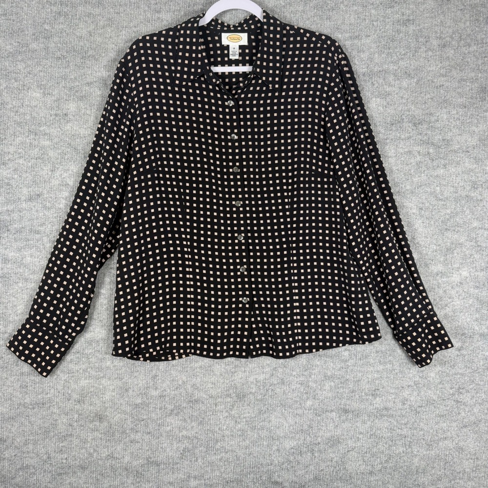 Vintage Talbots Size-16 Womens Blouse Black Tan Silk Button Down Long Sleeve